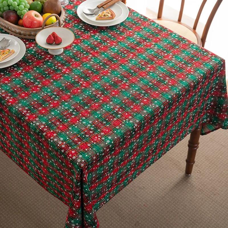 Christmas Tablecloth Green Plaid Snowflake Cotton Linen Rectangular Table Cover New Year Gifts Dining Living Room Table Decor