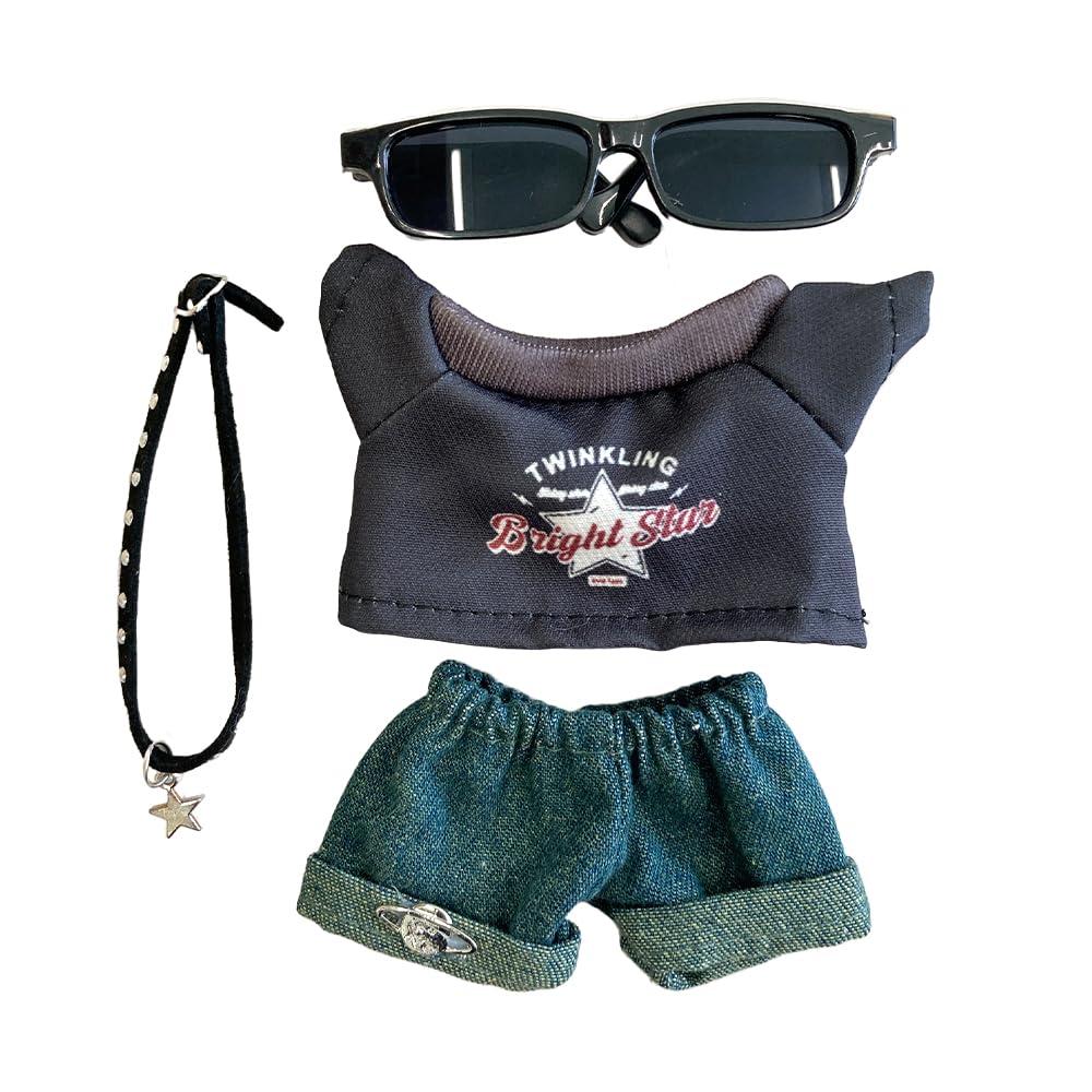 Комплект: графическая футболка, джинсы и чокер для куклы 15 см (черный) - Плюшевая игрушка, Кигуруми, Аксессуары, Отаку, Кукла, Маскот, Костюм для Kpop-куклы [Б/у]