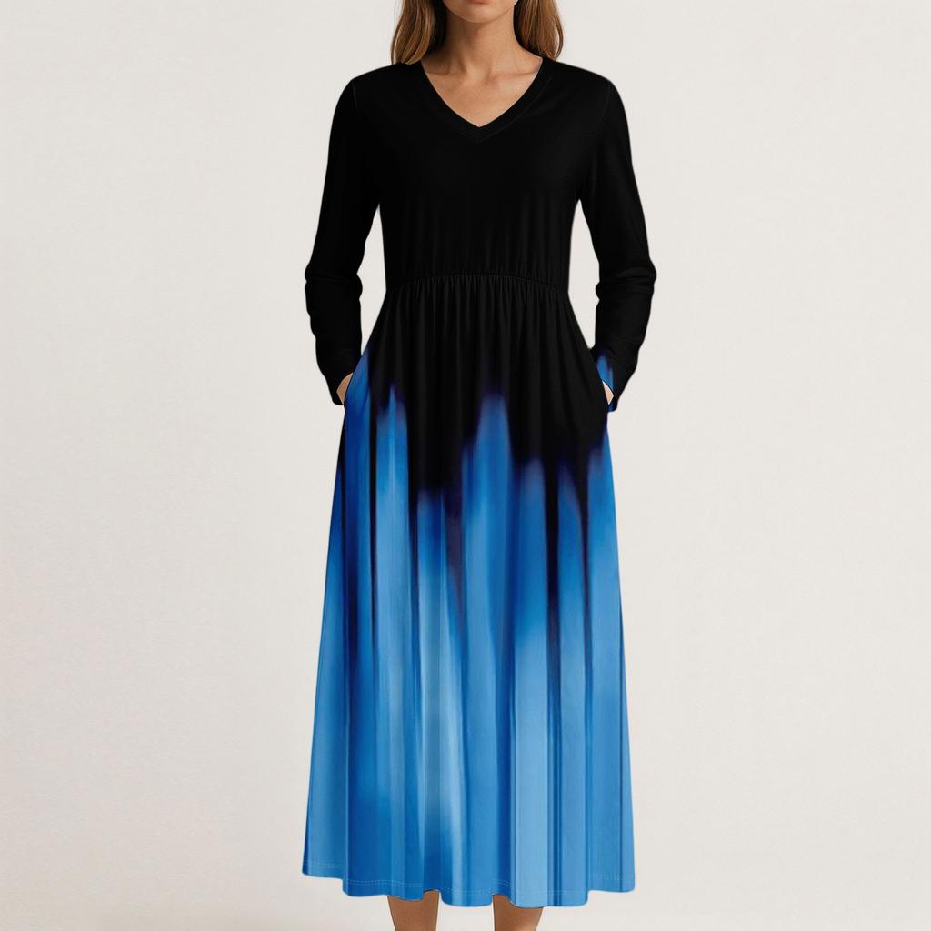 Dress For Women Long Boho Beach Dress Elegant Maxi Dress V-Neck Long Sleeve Dress With Pockets