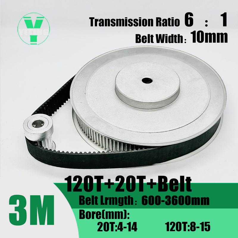 HTD3M Kit 20T 120T Timing Pulley Belt Set Belt Width 10mm Bore 4~15mm Reduction 6:1 Deceleration 3M Pulley Kit Synchronous Wheel