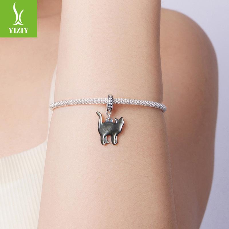 Подвеска из стерлингового серебра 925 пробы с эмалью и черным котом, персонализированные кошачьи бусины для DIY