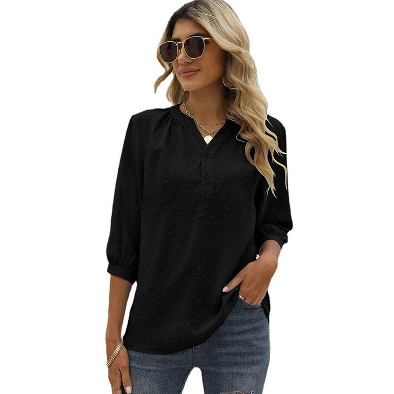 Весенне-летняя женская футболка с воротником-стойкой, рубашка со средними рукавами, жаккардовая повседневная блузка с комочком волос, свободный топ, рубашка