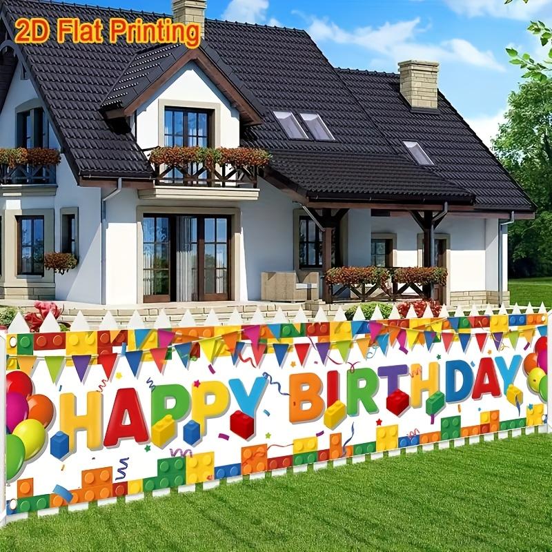 Happy Birthday Building Block Banner, Colorful Balloons & Confetti Design, Durable Polyester Outdoor Indoor Garden Porch Fence Decoration