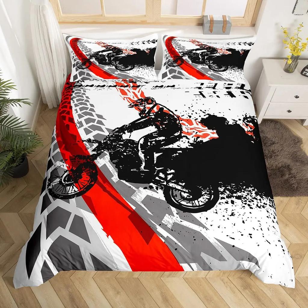 3pcs Cool Motorbike Bedding Set Dirt Bike Duvet Cover Twin Motocross Rider Comforter Cover Extreme Sports For Boys Adults
