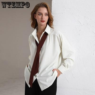 Весенняя минималистичная рубашка с длинным рукавом на пуговицах для женщин, корейский стиль, однотонная, с завязкой, оверсайз, блузка, свободная одежда, топы