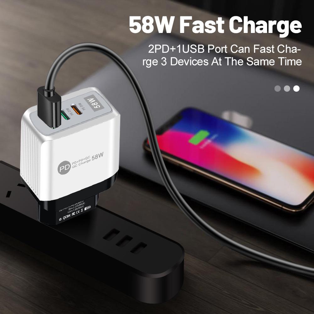 58W Dual Fast Charger with 2PD + QC3.0 for EU, US, UK, AU Plugs