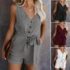 Women Summer Clothes Off Shoulder Belted Tunic Sleeveles Playsuit Solid Casual V-neck Short Home Jumpsuit