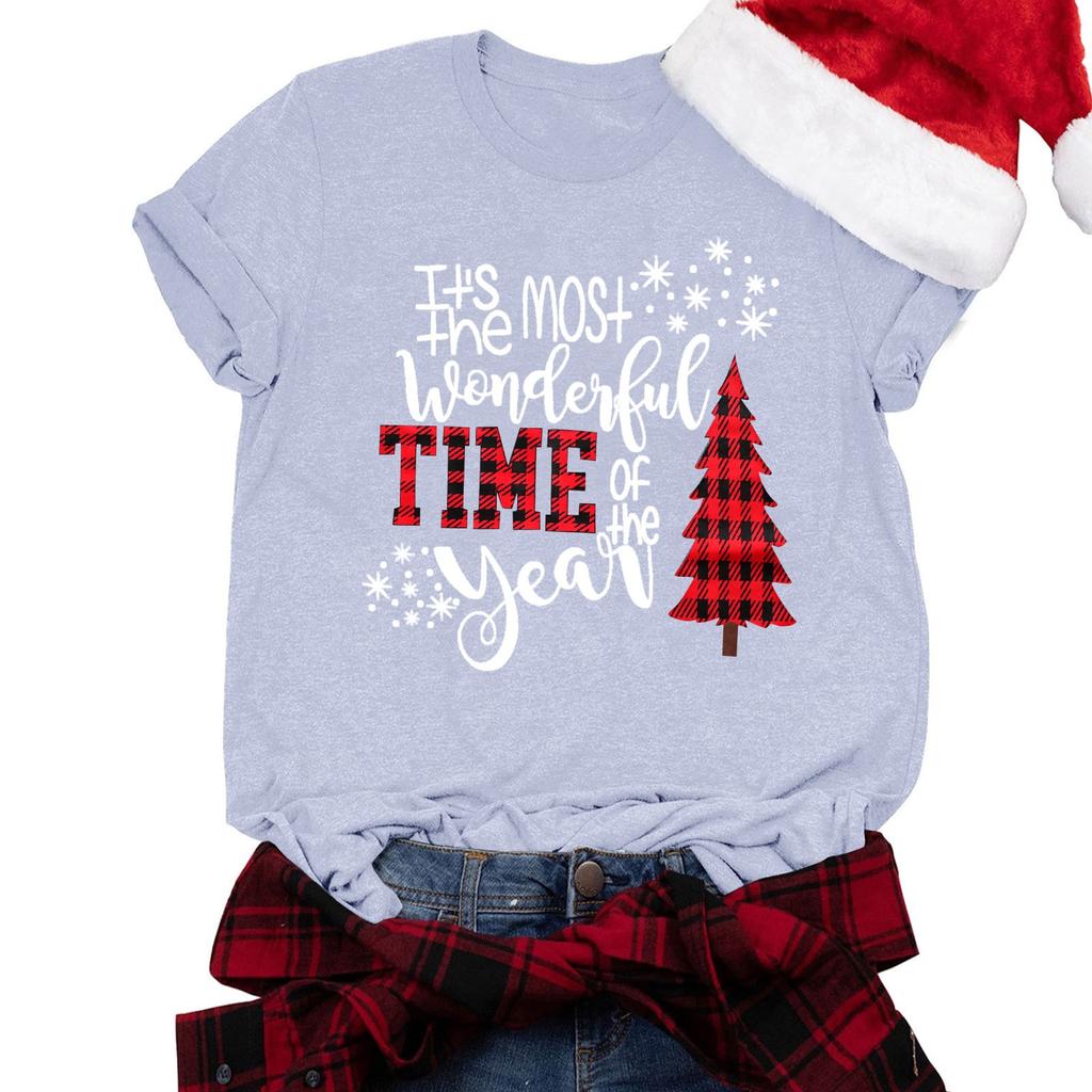 Женская футболка, повседневный свободный рождественский пуловер с круглым вырезом и коротким рукавом с принтом