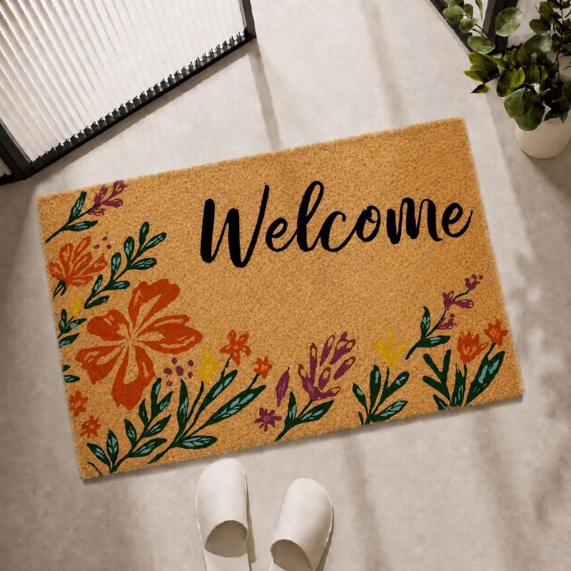 Floral Coir Doormat Non Slip Durable Indoor Outdoor Entryway Kitchen Bathroom Floor Mat