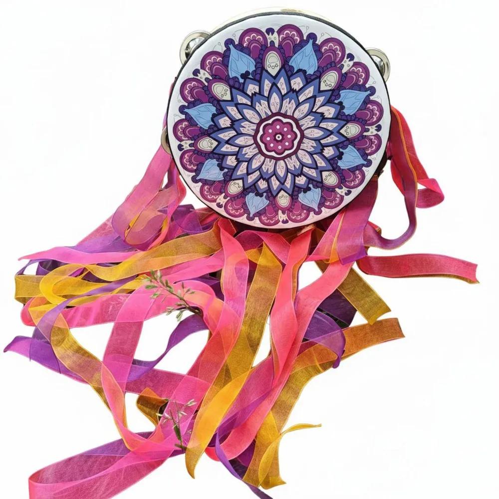 Chinese tambourine with ribbons, musical instrument for dancing, light drum for adults, props for photography, diameter 15.2 cm.