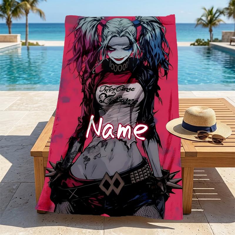 Custom Name Harley Quinn Stylish Digital Printing Beach Towel Quick‑Drying Absorbent Blanket for Beach Pool Gym Travel