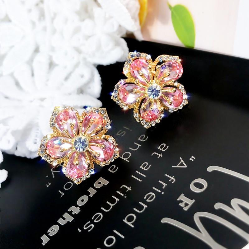 Pink Flower Zircon Ear Pins With Silver Needle For Casual And Formal Occasions
