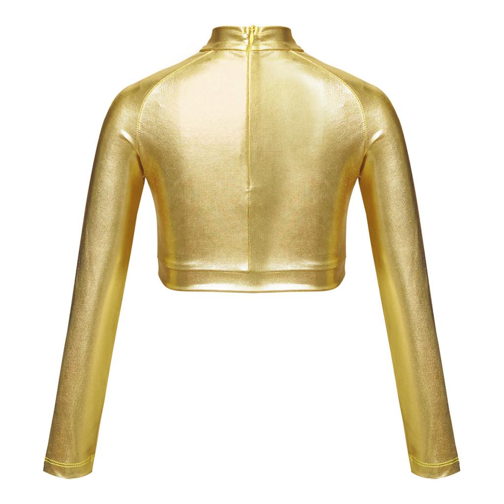 Girls Figure Skating Outfit Mock Neck Long Sleeve Sequin Shiny Crop Top Metallic Striped Pants Dance Costume