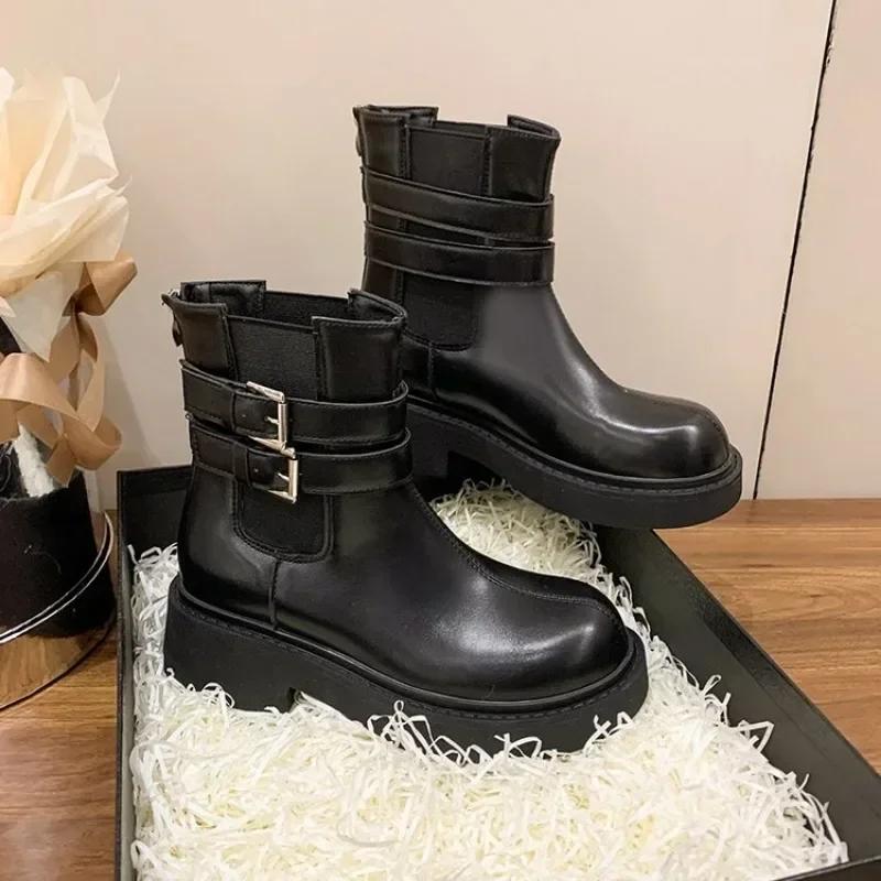 Женские панк-сапоги на платформе и толстом каблуке 2024 года, зимние черные сапоги из искусственной кожи 2024 года, женские готические туфли с металлической пряжкой 35-40