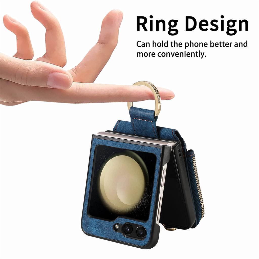 For Samsung Galaxy Z Flip7 FE 5G/Z Flip6 5G Case Zipper Pocket Finger Ring Retro Leather+PC Phone Cover