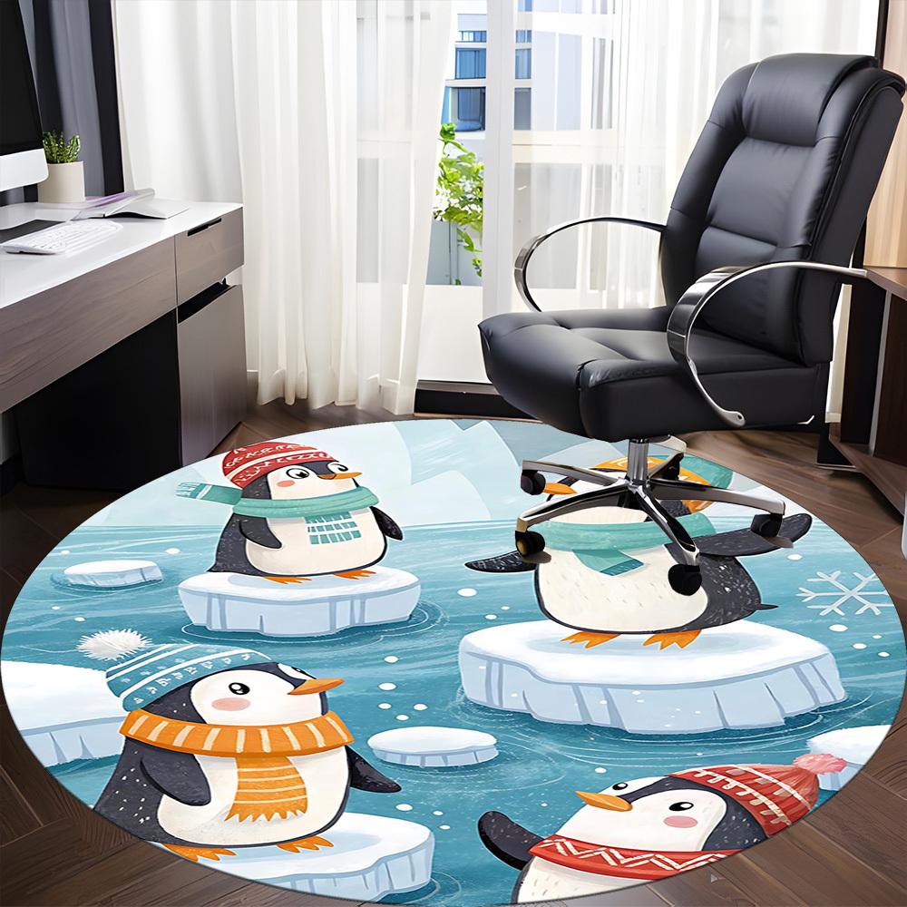 1PC Penguin Iceberg Pattern Office Round Area Rug, Indoor Mat Suitable For Office, Under Office Chairs Bedroom Living Room Home Decor, Room Deco 145