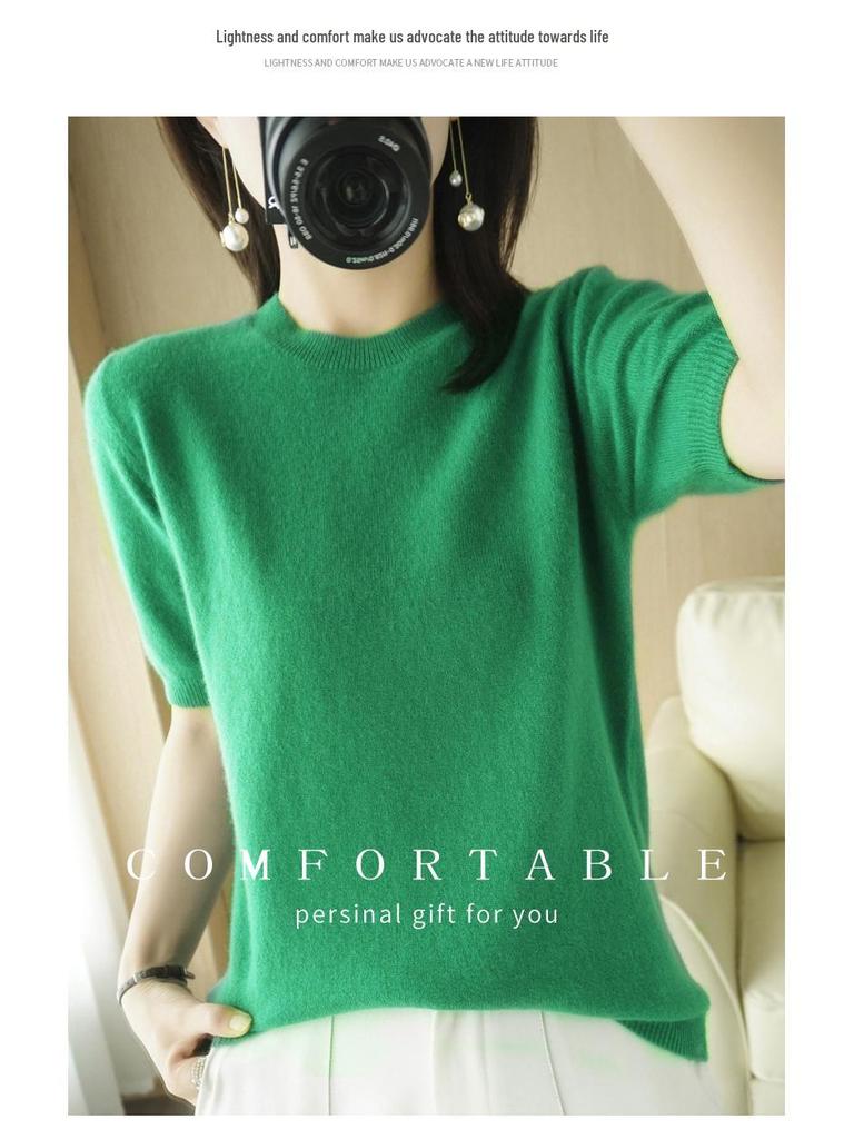 Женский свитер-топ из смесовой шерсти с полувысоким воротом, коротким рукавом и свободным кроем