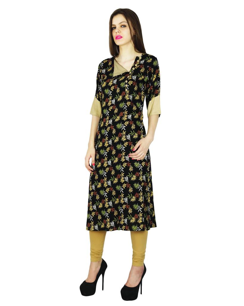 Phagun Indian Designer Kurta Women Ethnic Kurti Rayon Leaf Print Top Tunic