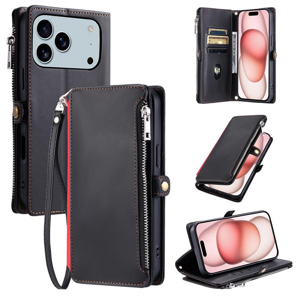 For iPhone 17 Pro Max Case TPU+PU Leather Wallet Phone Cover with Wrist Strap