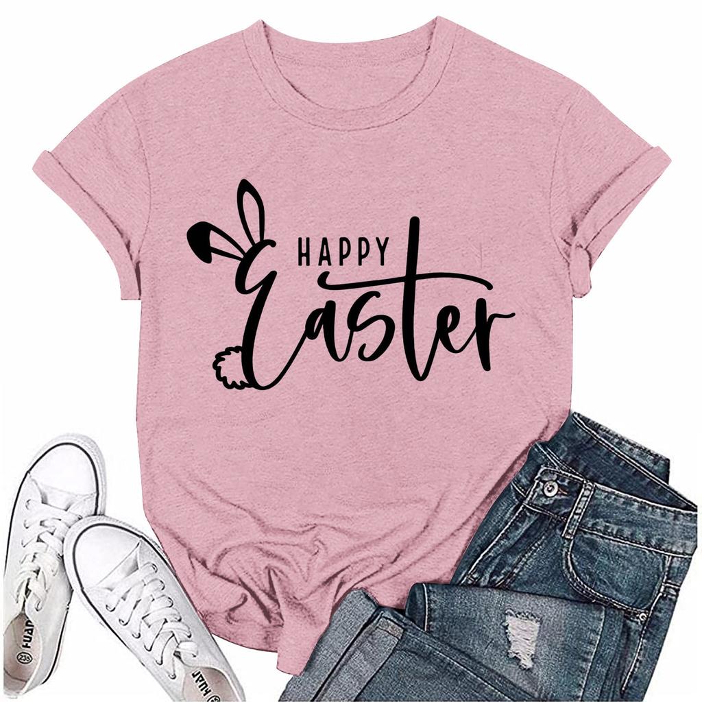 Женская модная пасхальная принтованная повседневная плиссированная круглая футболка с коротким рукавом