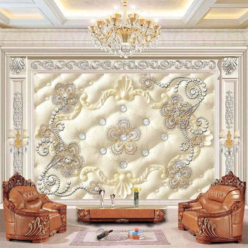 Европейский стиль Фреска Обои 3d Стерео Мягкий Рулон Жемчужные Украшения Цветок Фреска Гостиная Роскошный Декор 3d Наклейка Фреска