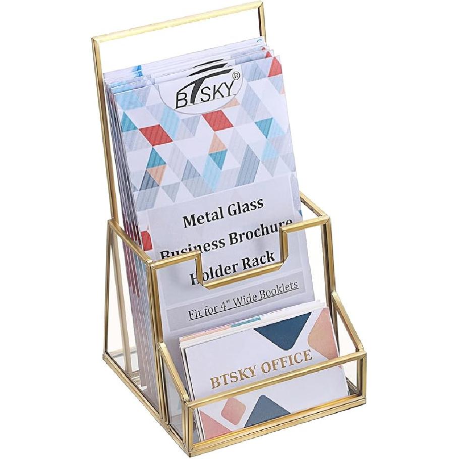 BTSKY Golden Glass Brochure Holder for 4" Wide Trifold Handouts, Countertop Pamphlet Holder Display Stand with Business Card Holder, Flyer Display
