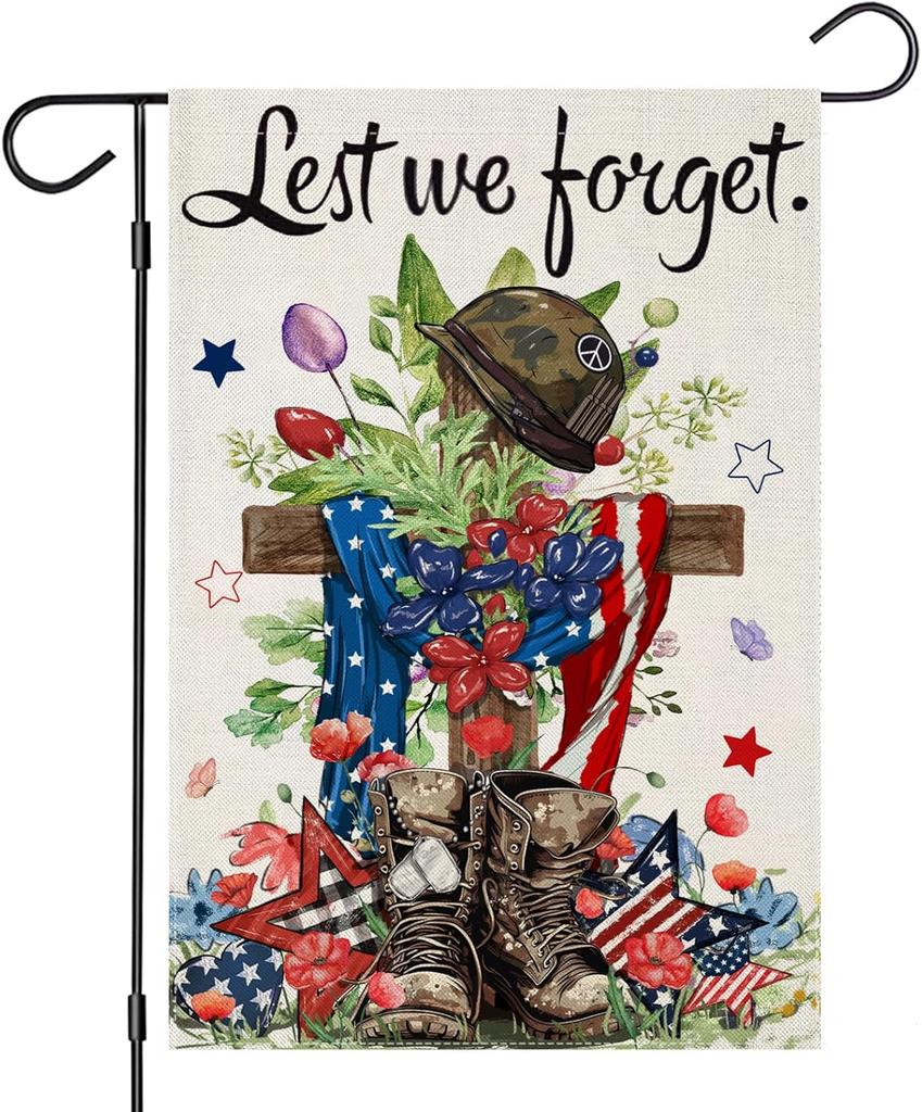 Patriotic Garden ags 12x18 Inch Double Sided, Memorial Day Lest We Forget Small Summer Decoration for Farmhouse Holiday Ya EEZ