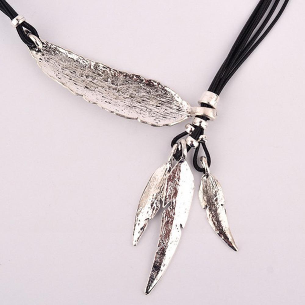 European & American Black Leather Feather Diamond Tassel Necklace - Multi-layer Women's Clavicle & Sweater Chain