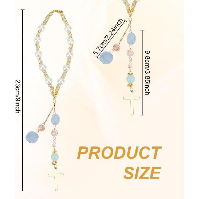 Natural Jade Cross Car Hanging Ornament Rearview Mirror Accessories Glass Beaded Charms With Pearl Car Hanging Accessories Suncatcher for Car Rear