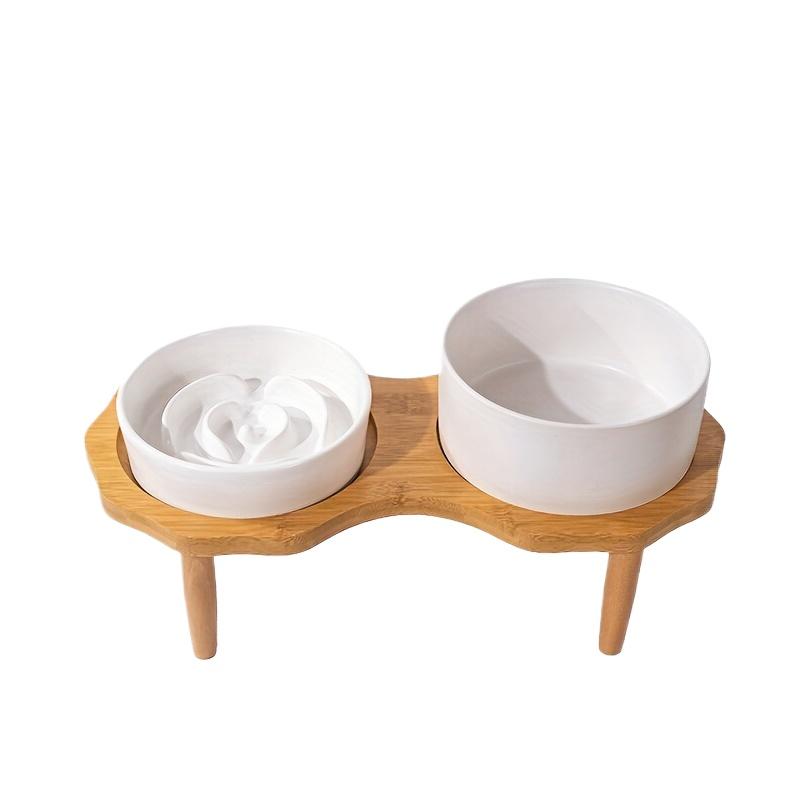 Bomei Ceramic Slow Feeder Dog Bowl - Anti-Choking & Anti-Spill Double Pet Bowls with Wooden Stand