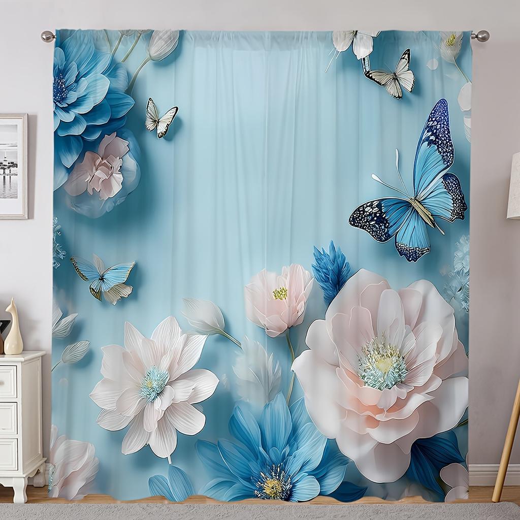 2pcs Classic Style Flower & Butterfly Print Curtains Artistic Window Drapes for Living Room Kitchen Bedroom Study Dining Room