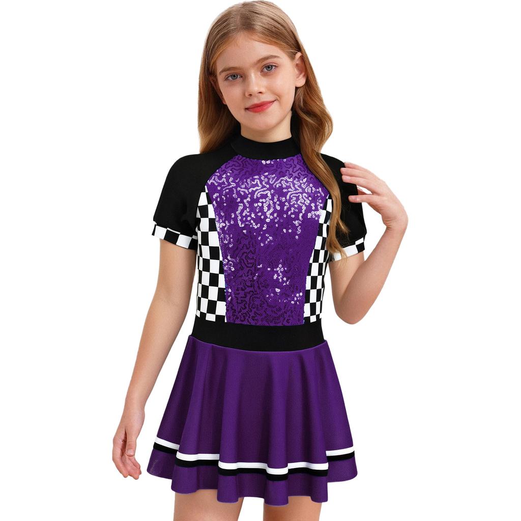 Kids Halloween Racing Costume Mock Neck Short Sleeve Back Zipper Checkerboard Sequins Dress Built-in Underwear for Theme Party