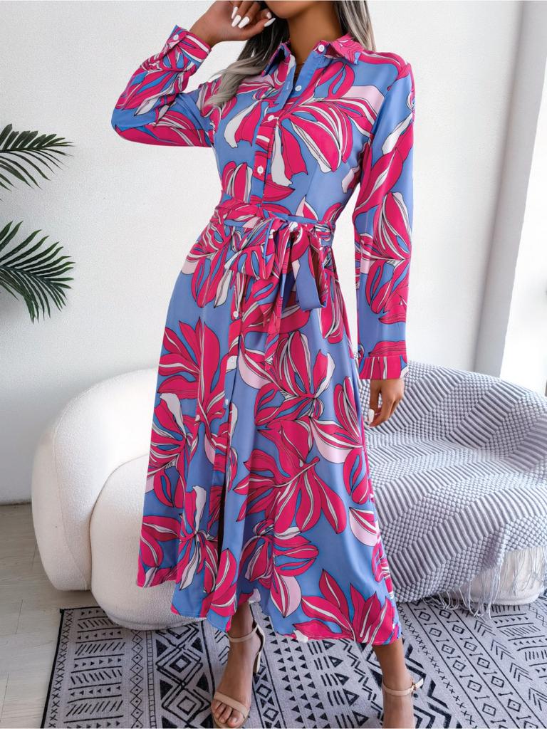 Turndown Collar Printing Button Dress High Waist Elegant Shirt Dress for Women Long Sleeve Loose Dresses Causal Dress