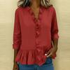 Women Solid Color Ruffle Trim V Neck Three Quarter Sleeve Casual Blouse Shirt