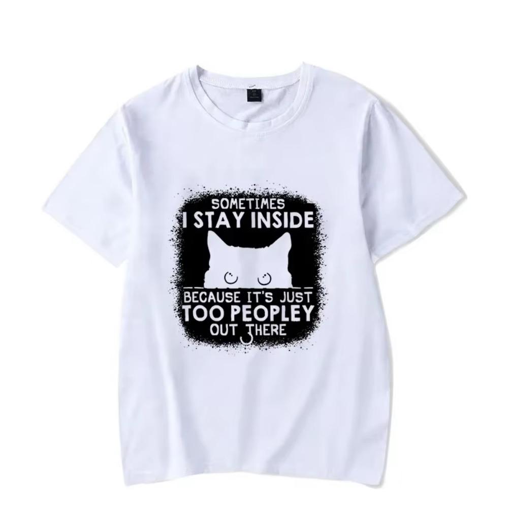 Мужская футболка Иногда я остаюсь дома Забавная футболка с мультяшным котом Оверсайз Мужская Женская футболка Черная футболка с графикой котенка Мужская футболка