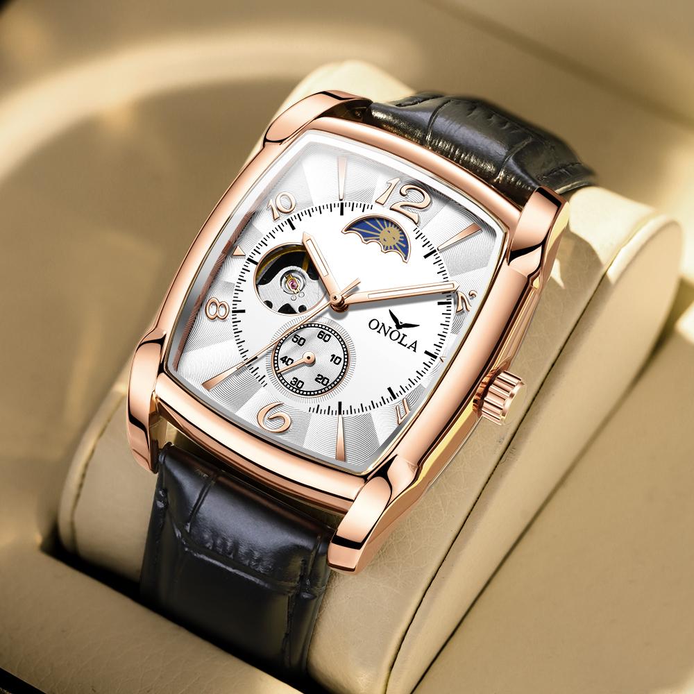 Luxury Fashion Mens Watches Luminous Square Mechanical Wristwatch Hollow Skeleton Business Waterproof Male Automatic Watch Men