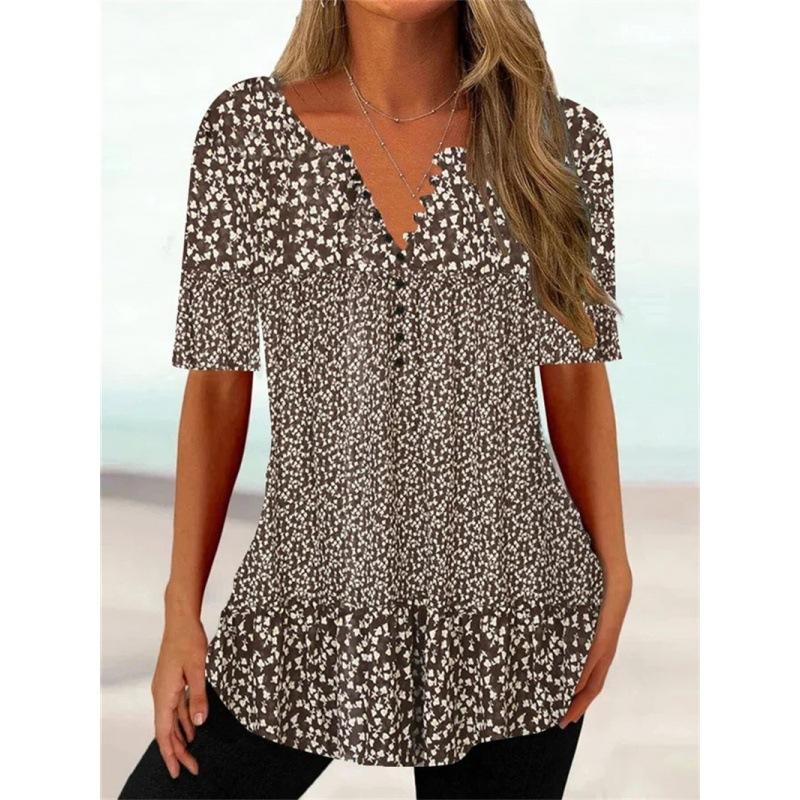 Trendy And Cool Women's Summer Loose V-neck Pullover Short-sleeved Button Printed T-shirt