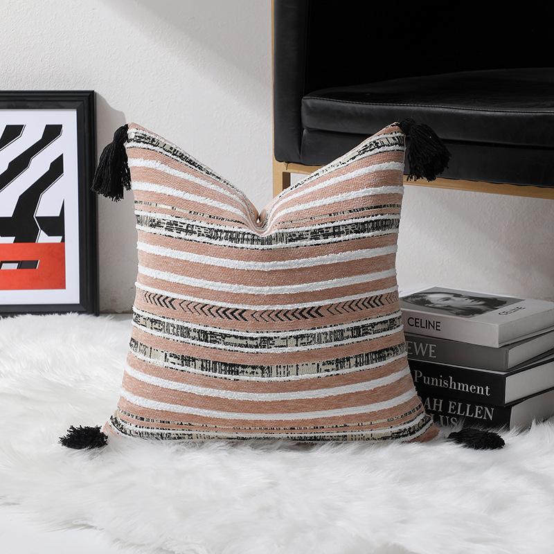 Dyed Jacquard Striped Geometric Tassel Pillow Cover