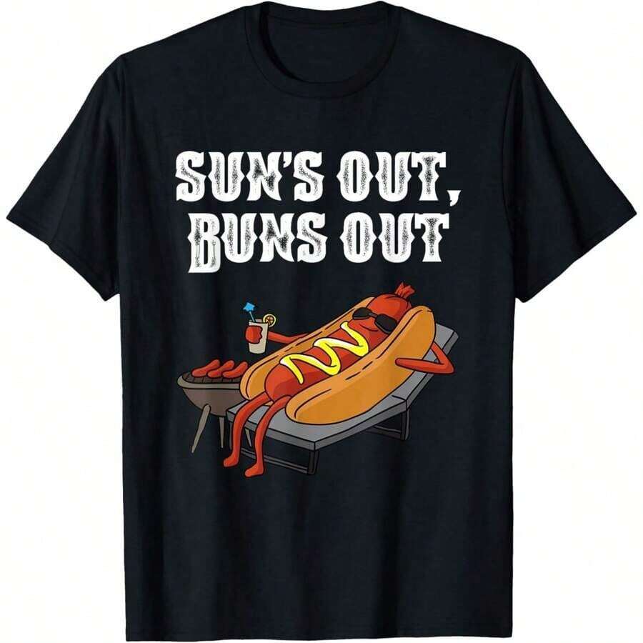 180GSM Pure Cotton Printed T Shirt With Suns Out Buns Out Funny Hot Dog Bbq Sausage Food Love Design