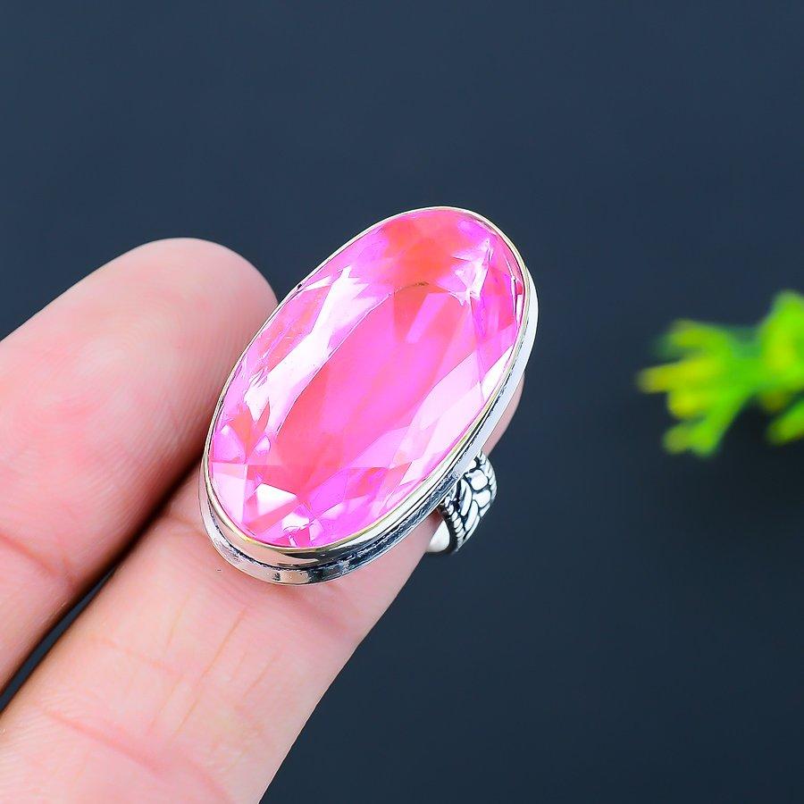 Кольцо из серебра 925 пробы с розовым топазом, размер 9, подарочное ювелирное изделие, ручной работы, o9u75