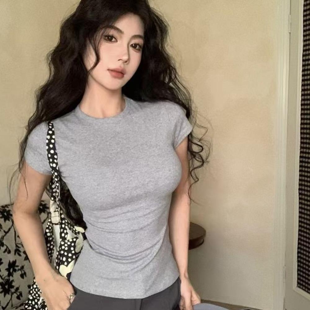 Solid Color Short Sleeve Tees Shirts Basic Pullover Tops Elegant Simple Crop Tops Woman