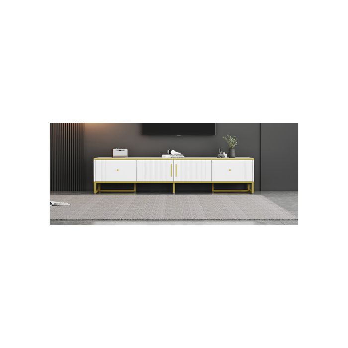 Meuble TV - MUVOE - 180x40x40 cm - Blanc avec décorations dorées - 2 portes - 2 tiroirs