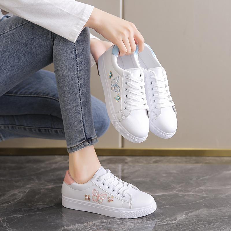 Shoes Women Running Spring Autumn Fashion White Breathable Embroidered Flower Lace-Up Casual Sneakers Zapatos De Mujer