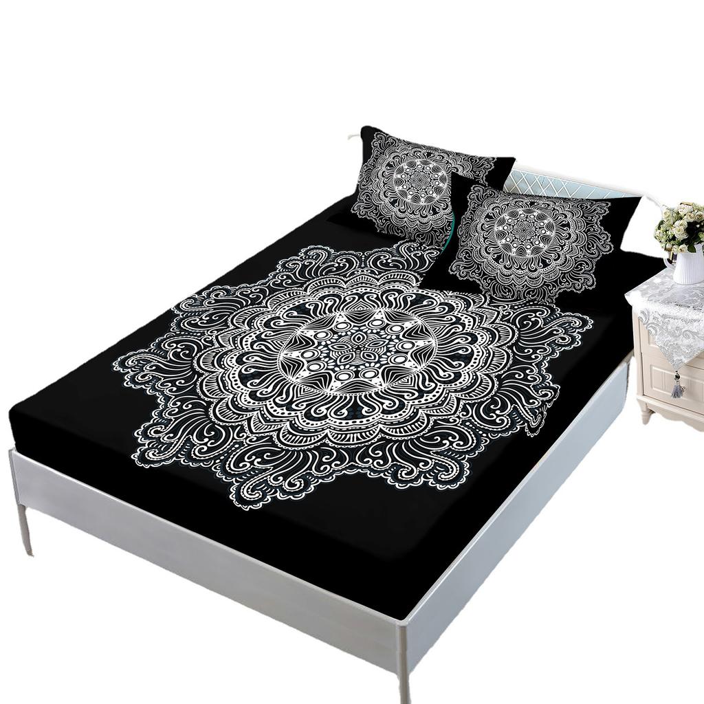 Three-Piece Mattress Cover, Black Bohemian Mattress Protective Cover.