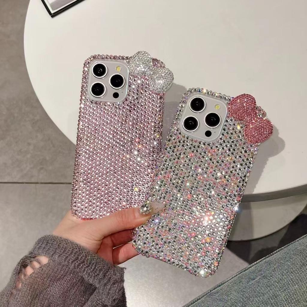 Роскошный чехол для мобильного телефона Flash Diamond, подходящий для Apple IPhone16ProMax, расписанный вручную бриллиантами 15 Bow, устойчивый к падению 14