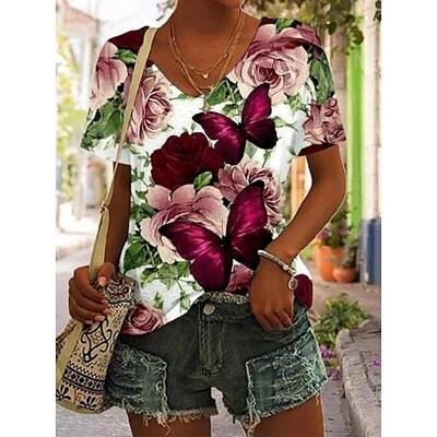 Жен. Футболка Футболка Кот 3D Повседневные выходные Красный Темно-синий Синий С принтом С короткими рукавами Мода Забавный V-образный вырез Обычный крой Весна и лето