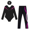 Комплект гимнастического купальника с длинным рукавом и V-образным вырезом, блестящими стразами, контрастной расцветки, в комплекте с леггинсами и повязкой для волос