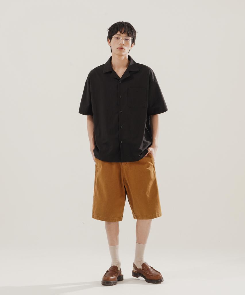JEMUT Open Collar Linen-Like Short Sleeve Shirt Black Kjss2622