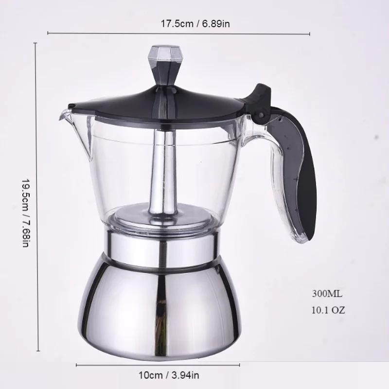 JUSTINLAU 4/6 Cups Transparent Moka Pot Household Espresso Coffee Brewing Kettle for Electric Stove Stainless Steel Moka Pot