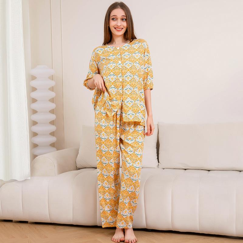 1011 new cotton pajamas women's summer thin five-quarter sleeve trousers loose large size high-end comfortable loungewear